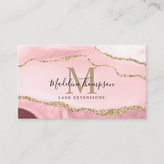 Trendy Script Blush Pink Agate Geode Gold Monogram Visitekaartje (Voorkant)