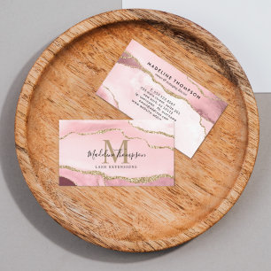 Trendy Script Blush Pink Agate Geode Gold Monogram Visitekaartje