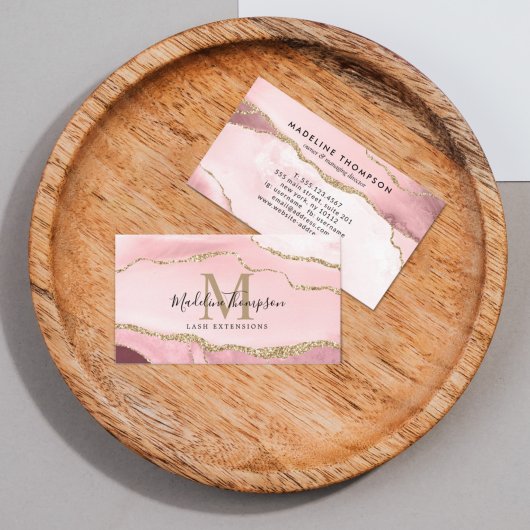 Trendy Script Blush Pink Agate Geode Gold Monogram Visitekaartje