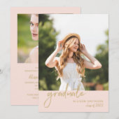 Trendy Script Blush Pink and Gold Graduparty Kaart (Voorkant / Achterkant)