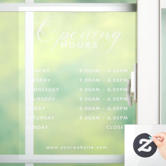 Trendy Script Business Opening Hours Transparent Raamsticker (Huis)