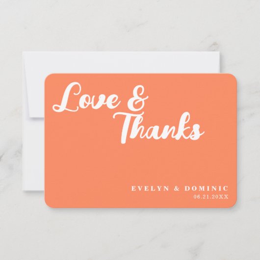 Trendy Script Coral Orange Love & Thanks Wedding Bedankkaart (Voorkant)
