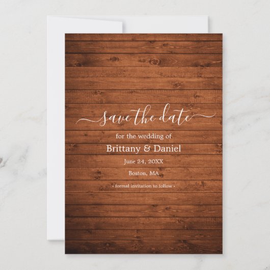 Trendy Script die gehuwd is met Rustic Wood Save The Date (Achterkant)