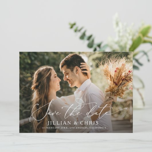 Trendy script foto bruiloft Sla de datum kaart (Staand voorkant)