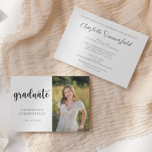 Trendy Script Foto Zwart & Wit Afstuderen Kaart