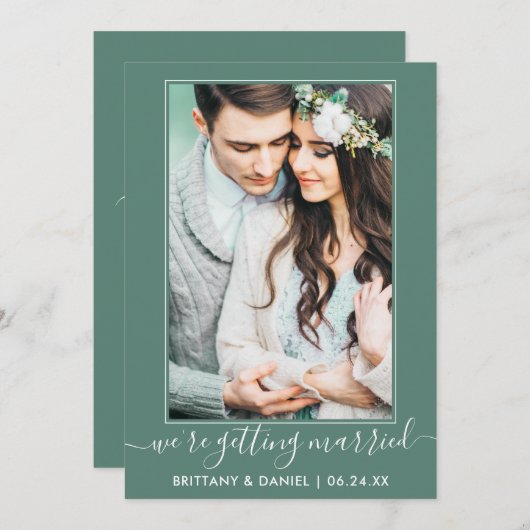 Trendy script Getting Married Eucalyptus Green Save The Date (Voorkant / Achterkant)