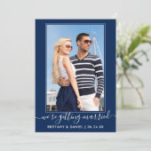 Trendy Script Getting Married Navy Blue Save The Date (Staand voorkant)