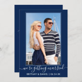 Trendy Script Getting Married Navy Blue Save The Date (Voorkant / Achterkant)