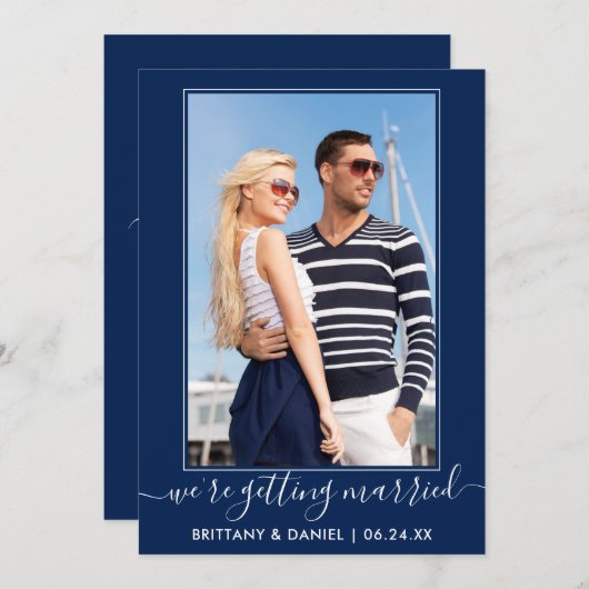 Trendy Script Getting Married Navy Blue Save The Date (Voorkant / Achterkant)