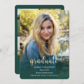 Trendy Script Gold Green Photo Collage Afstuderen Aankondiging (Voorkant / Achterkant)