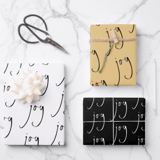 Trendy Script Joy Pattern Gold Black White Inpakpapier Vel (Voorkant)