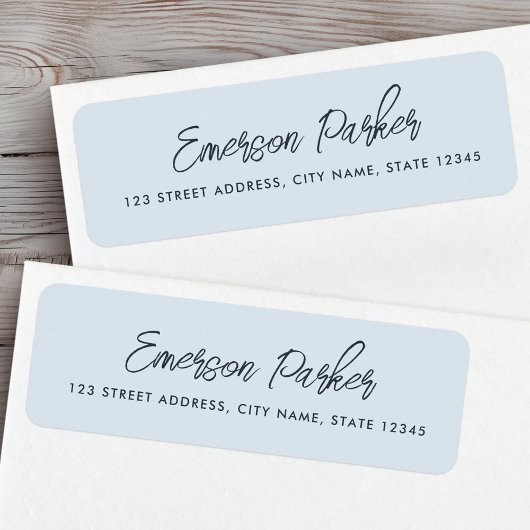 Trendy script light dusty blue return address etiket