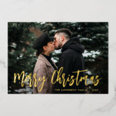 Trendy Script Merry Kerstfoto Folie Feestdagenkaart (Voorkant)
