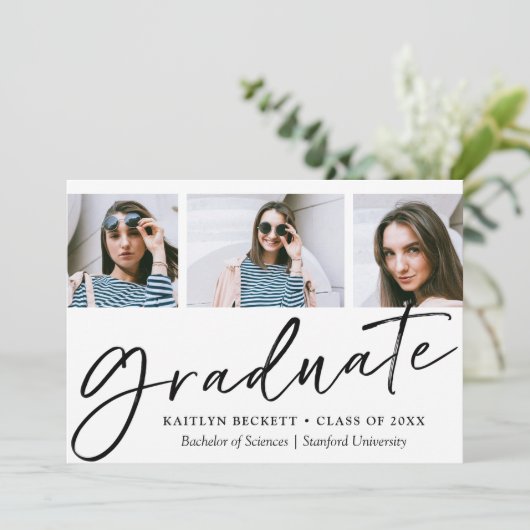 Trendy Script Minimalist 3 Photo Afstuderen Aankondiging (Staand voorkant)