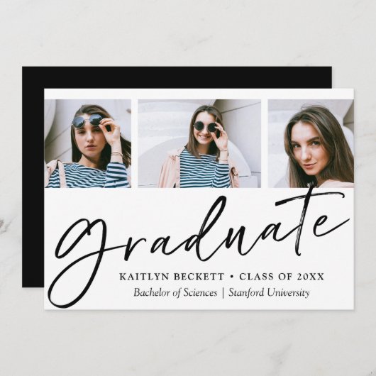 Trendy Script Minimalist 3 Photo Afstuderen Aankondiging (Voorkant / Achterkant)