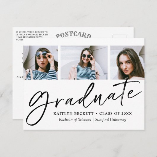 Trendy Script Minimalist 3 Photo Afstuderen Aankondigingskaart (Voorkant / Achterkant)