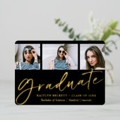 Trendy Script minimalist 3 Photo Afstuderen Real Folie Uitnodiging (Staand Voorkant)