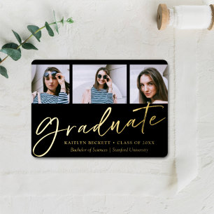Trendy Script minimalist 3 Photo Afstuderen Real Folie Uitnodiging