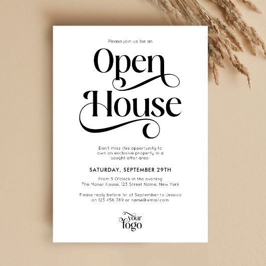 Trendy Script Modern Logo Business Open House Kaart