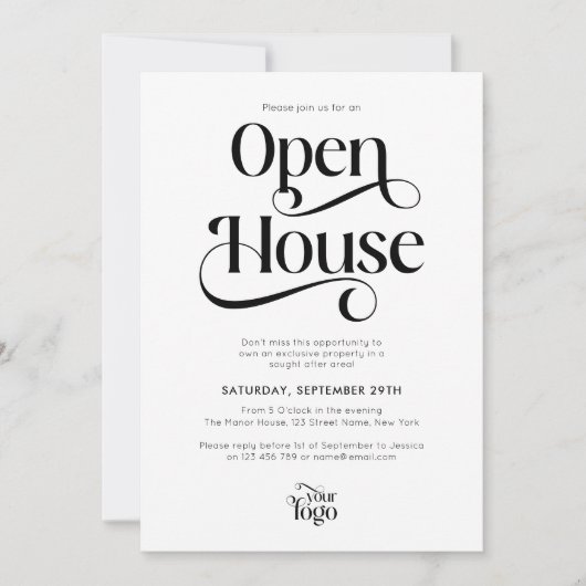 Trendy Script Modern Logo Business Open House Kaart (Voorkant)