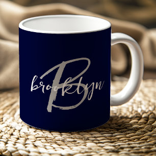 Trendy Script Monogram Navy Blauw Grijs Wit Koffiemok