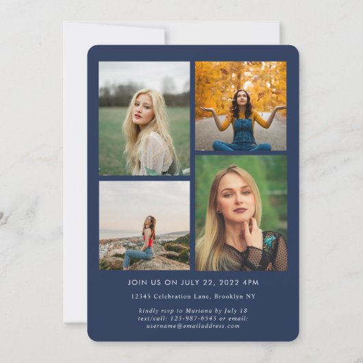Trendy Script Navy Blue Photo Collage Afstuderen Aankondiging (Achterkant)