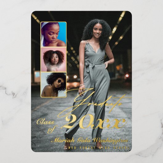 Trendy Script Overlay 4 Foto Collage Afstuderen Folie Uitnodiging (Voorkant)