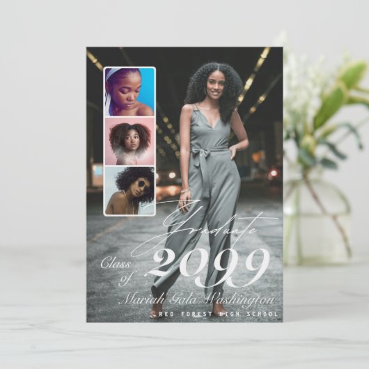 Trendy Script Overlay 4 Fotocollage Afstuderen Aankondiging (Staand voorkant)