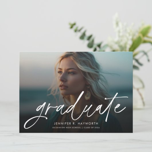 Trendy Script Overlay Multi Photo Afstuderen Aankondiging (Staand voorkant)