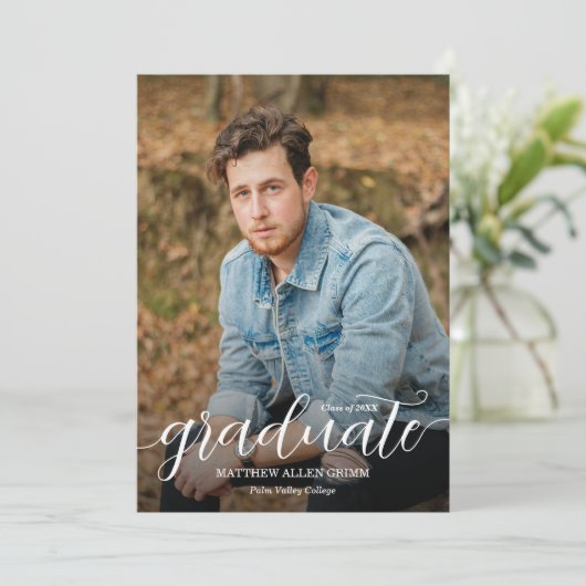 Trendy Script Overlay Photo Afstuderen Aankondiging (Staand voorkant)
