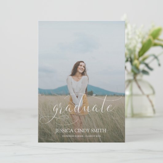 Trendy Script Overlay Photo Afstuderen Kaart (Staand voorkant)