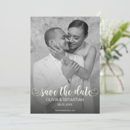 Trendy Script Overlay Tekst met Hart en Foto Save The Date (Staand voorkant)