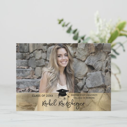 Trendy Script Overlay Three Photo Afstuderen Kaart (Staand voorkant)