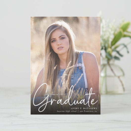 Trendy Script Overlay Three Photo Graduparty Aankondiging (Staand voorkant)