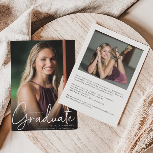 Trendy Script Overlay Twee Foto Afstudeerfeest Aankondiging