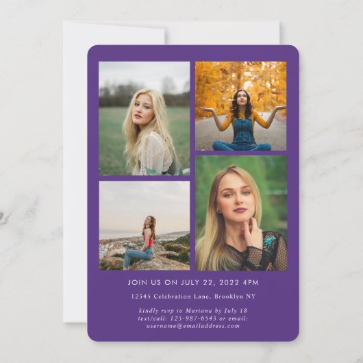 Trendy Script Paars Gold Photo Collage Afstuderen Aankondiging (Achterkant)