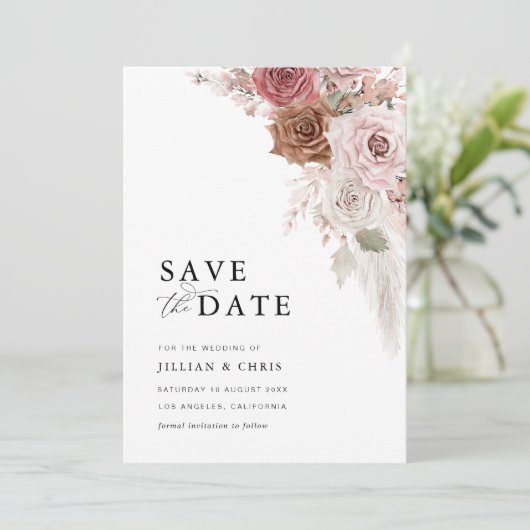 Trendy script Pampas Dusty Pink Bewaar de datumkaa Kaart (Staand voorkant)