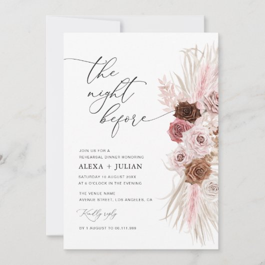 trendy script pampas stoffig roze repetitie diner kaart (Voorkant)