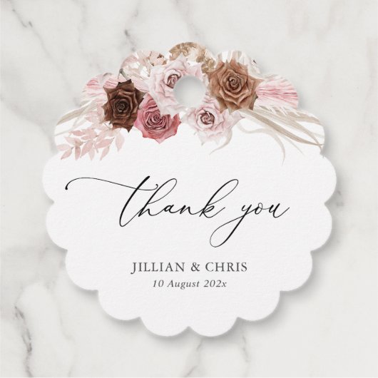 Trendy script pampas stoffige roze bruiloft bedankjes labels (Achterkant)