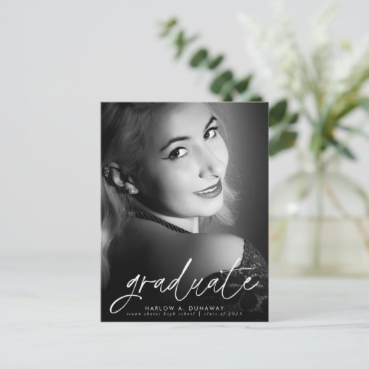 Trendy Script White Overlay Photo Afstuderen Briefkaart (Staand voorkant)