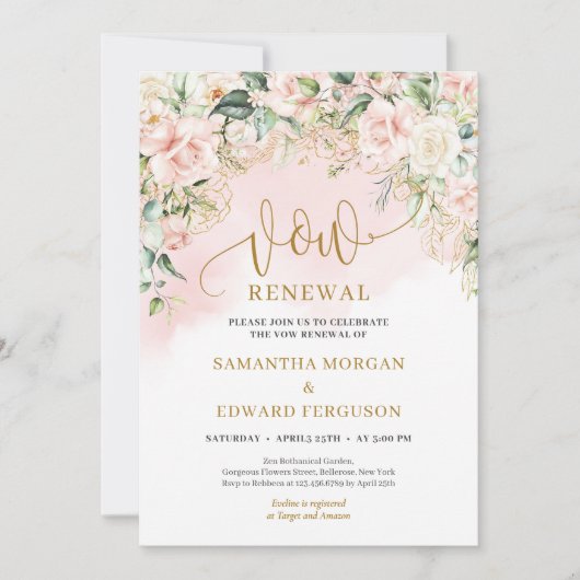 Trendy script zacht roze rozen en gouden gelofte v kaart (Voorkant)