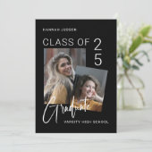 Trendy Script Zwart 2 Foto's Afstudeerfeest Aankondiging (Staand voorkant)