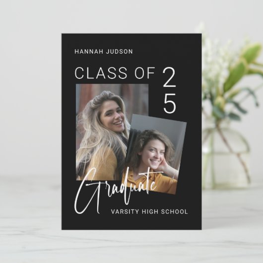 Trendy Script Zwart 2 Foto's Afstudeerfeest Aankondiging (Staand voorkant)