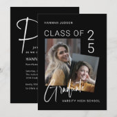 Trendy Script Zwart 2 Foto's Afstudeerfeest Aankondiging (Voorkant / Achterkant)