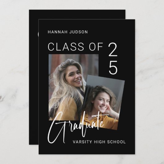 Trendy Script Zwart 2 Foto's Afstudeerfeest Aankondiging (Voorkant / Achterkant)