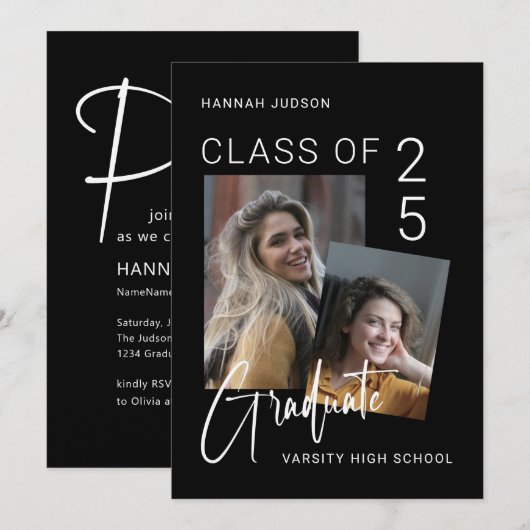 Trendy Script Zwart 2 Foto's Afstudeerfeest Kaart (Voorkant / Achterkant)