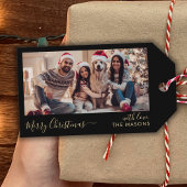 Trendy Script Zwart Goud Familie Foto Kerstmis Cadeaulabel