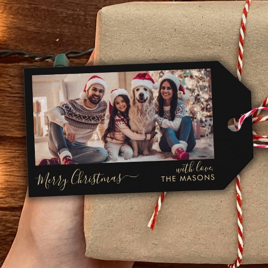 Trendy Script Zwart Goud Familie Foto Kerstmis Cadeaulabel