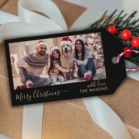 Trendy Script Zwart Goud Familie Foto Kerstmis Cadeaulabel