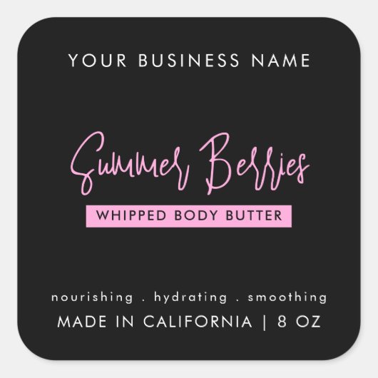 Trendy Script Zwart Roze Body Butter Cosmetische J Vierkante Sticker (Voorkant)